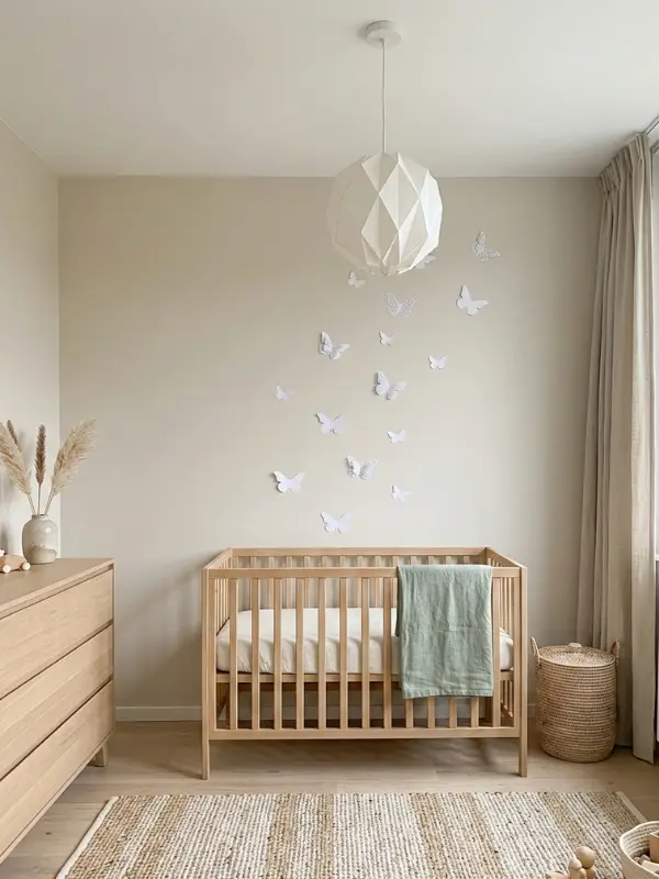 Japandi neutrale babykamer met witte 3d vlinders